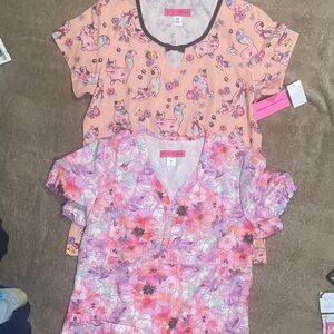 Betsey Johnson Pink and Purple Patterned Scrub tops Xs